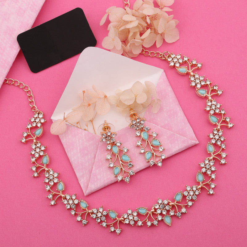 Tehzeeb Creations Rose Gold Pleated White Diamond With Sky Blue Beads Necklace Set - Distacart