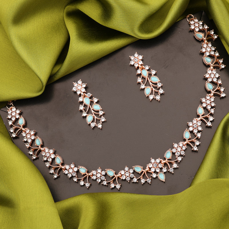 Tehzeeb Creations Rose Gold Pleated White Diamond With Sky Blue Beads Necklace Set - Distacart