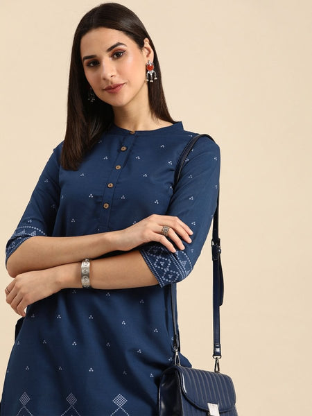 Anouk Women Mandarin Collar Bandhani Printed Indigo Kurta