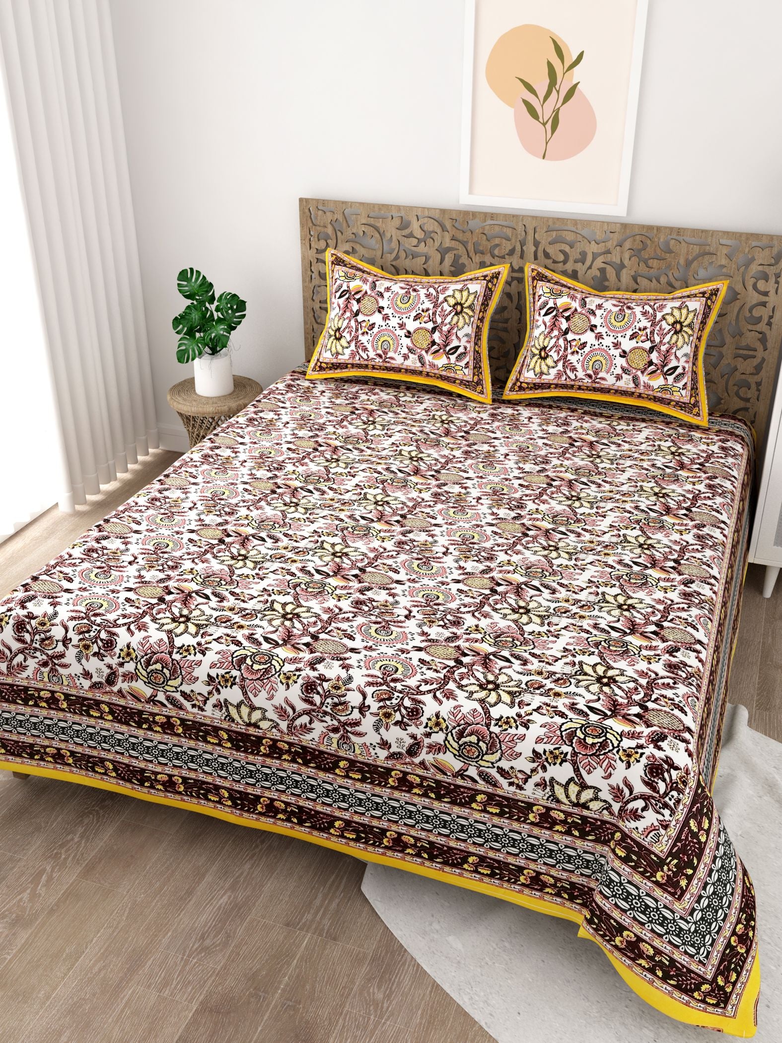 Brown Yellow Floral Printed Cotton 200TC King Bedsheet With 2 Zipper Pillow Covers - King Size by House of Ree - Distacart
