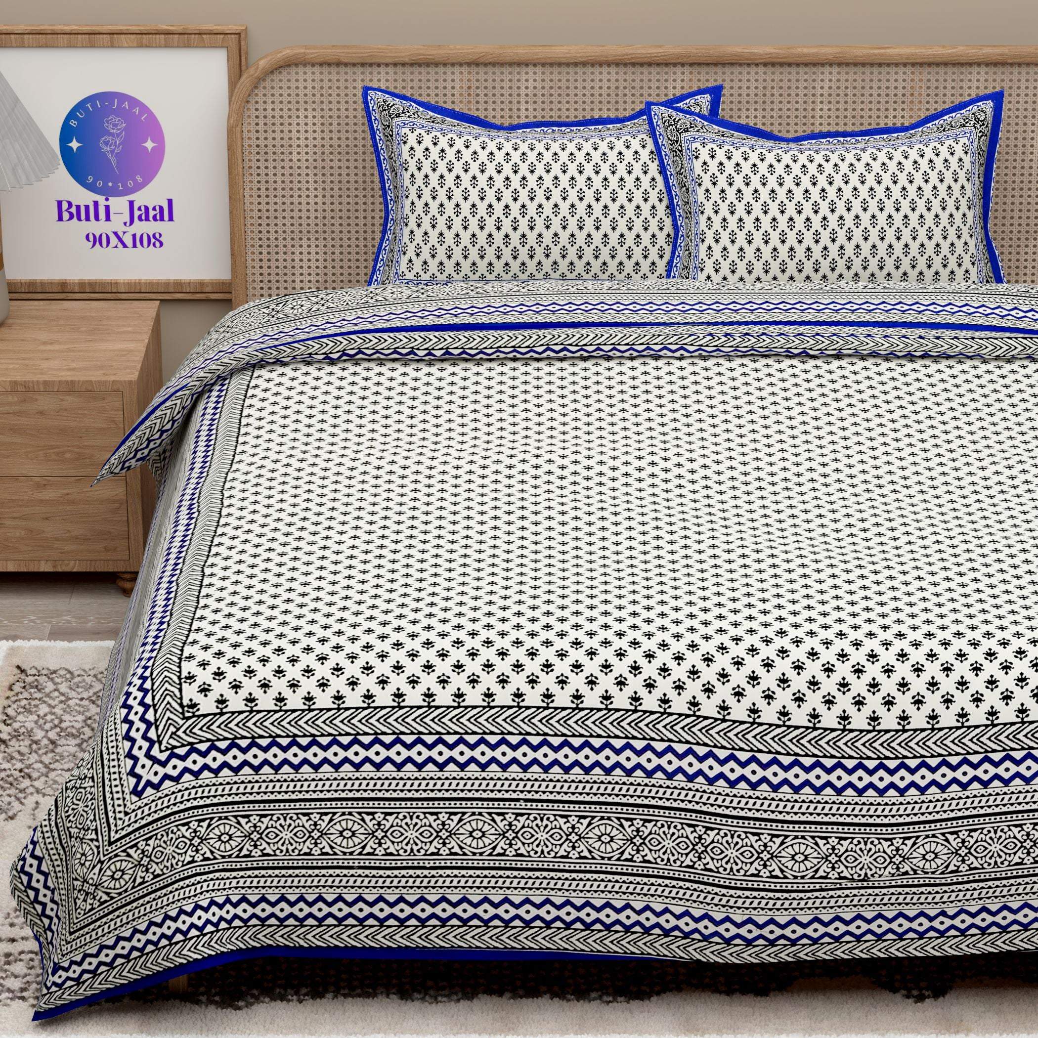 Blue Handblock Printed Cotton 200TC King Bedsheet With 2 Zipper Pillow Covers - King Size by House of Ree - Distacart