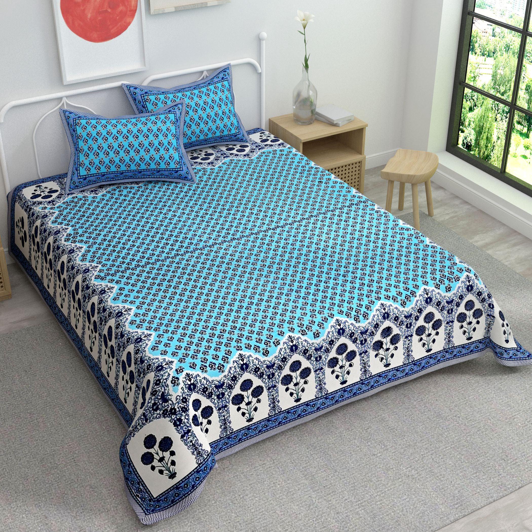 Blue Ethnic Motifs Cotton Bedsheet With 2 Zipper Pillow Covers - King Size by House of Ree - Distacart