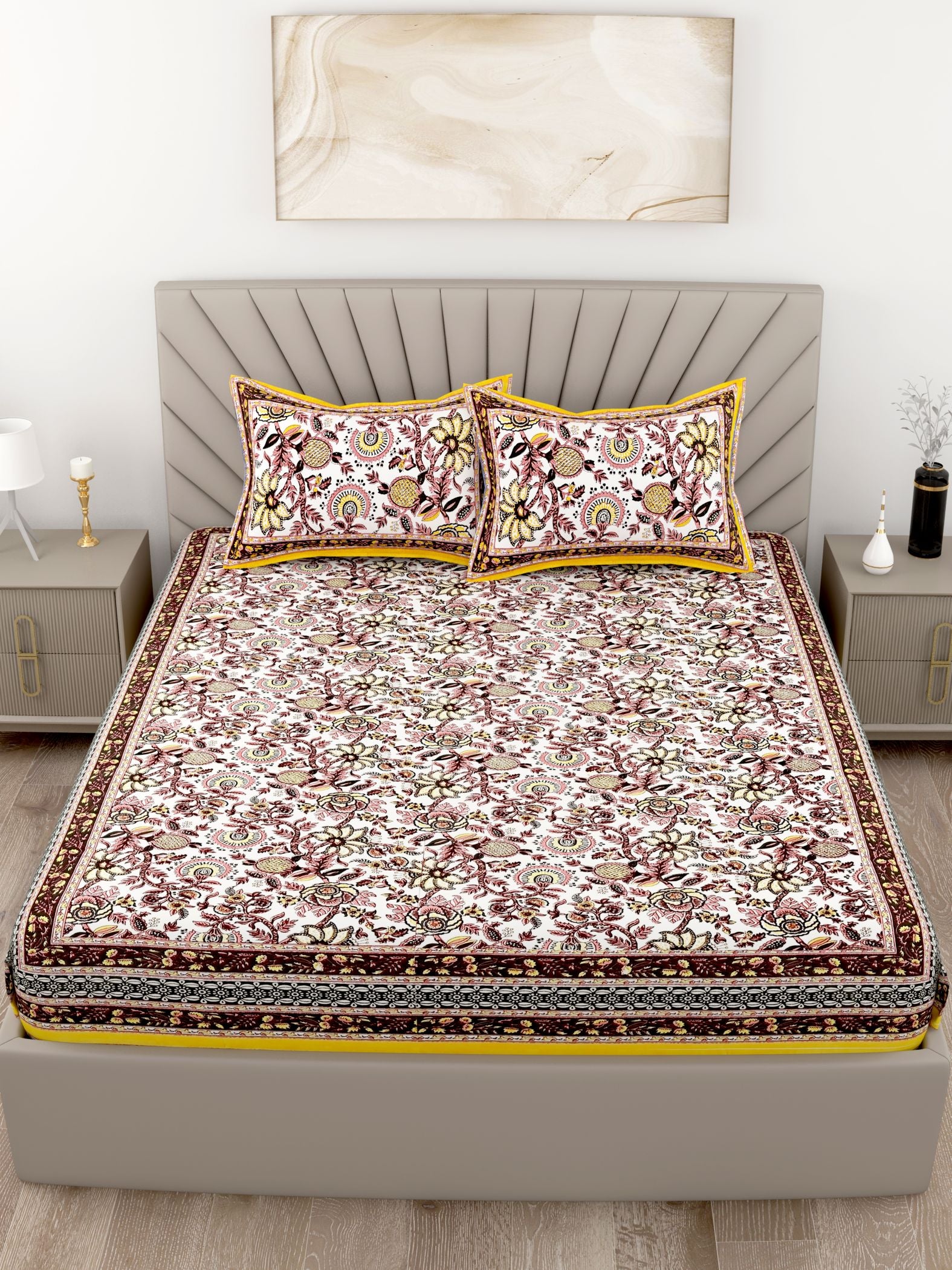 Brown Yellow Floral Printed Cotton 200TC King Bedsheet With 2 Zipper Pillow Covers - King Size by House of Ree - Distacart