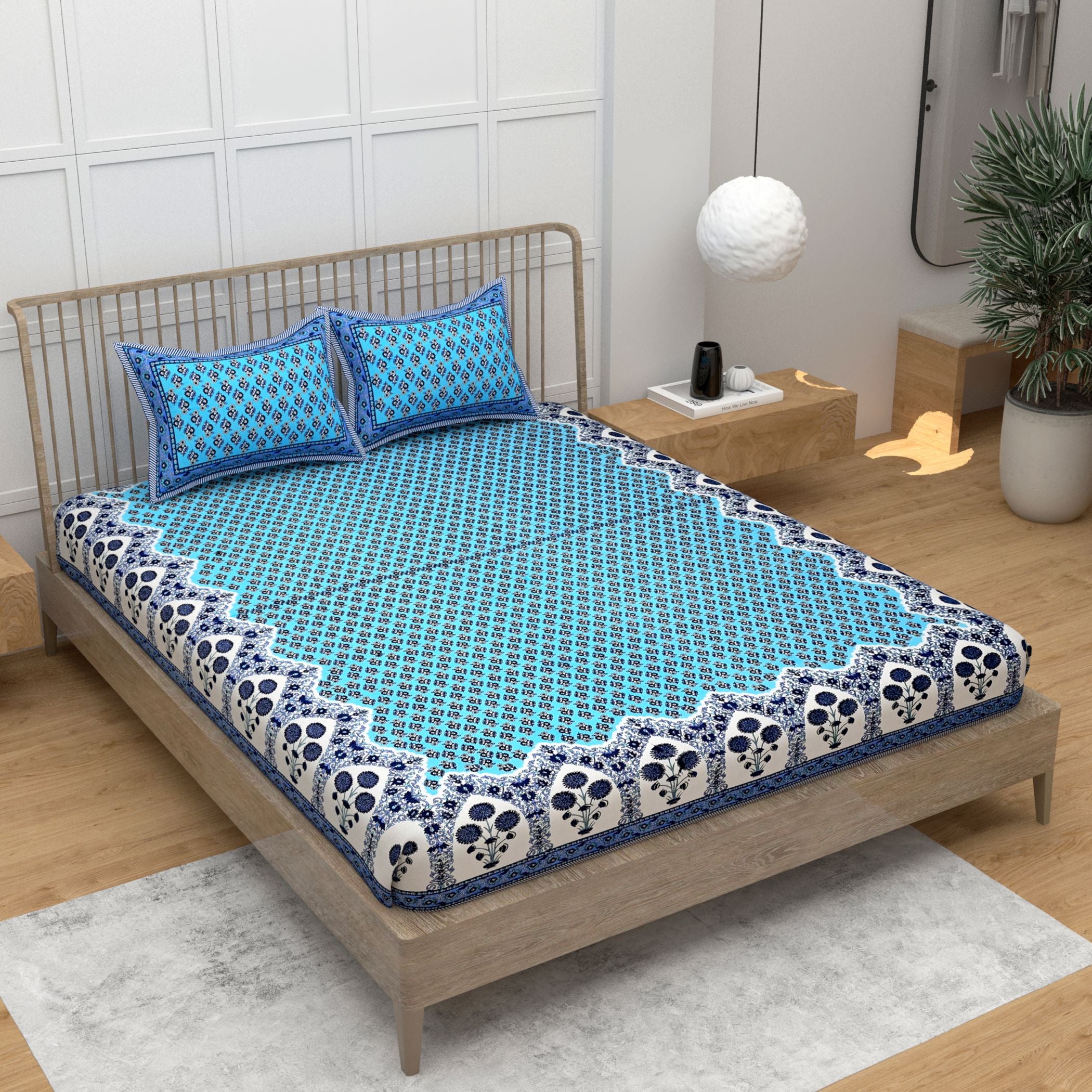 Blue Ethnic Motifs Cotton Bedsheet With 2 Zipper Pillow Covers - King Size by House of Ree - Distacart