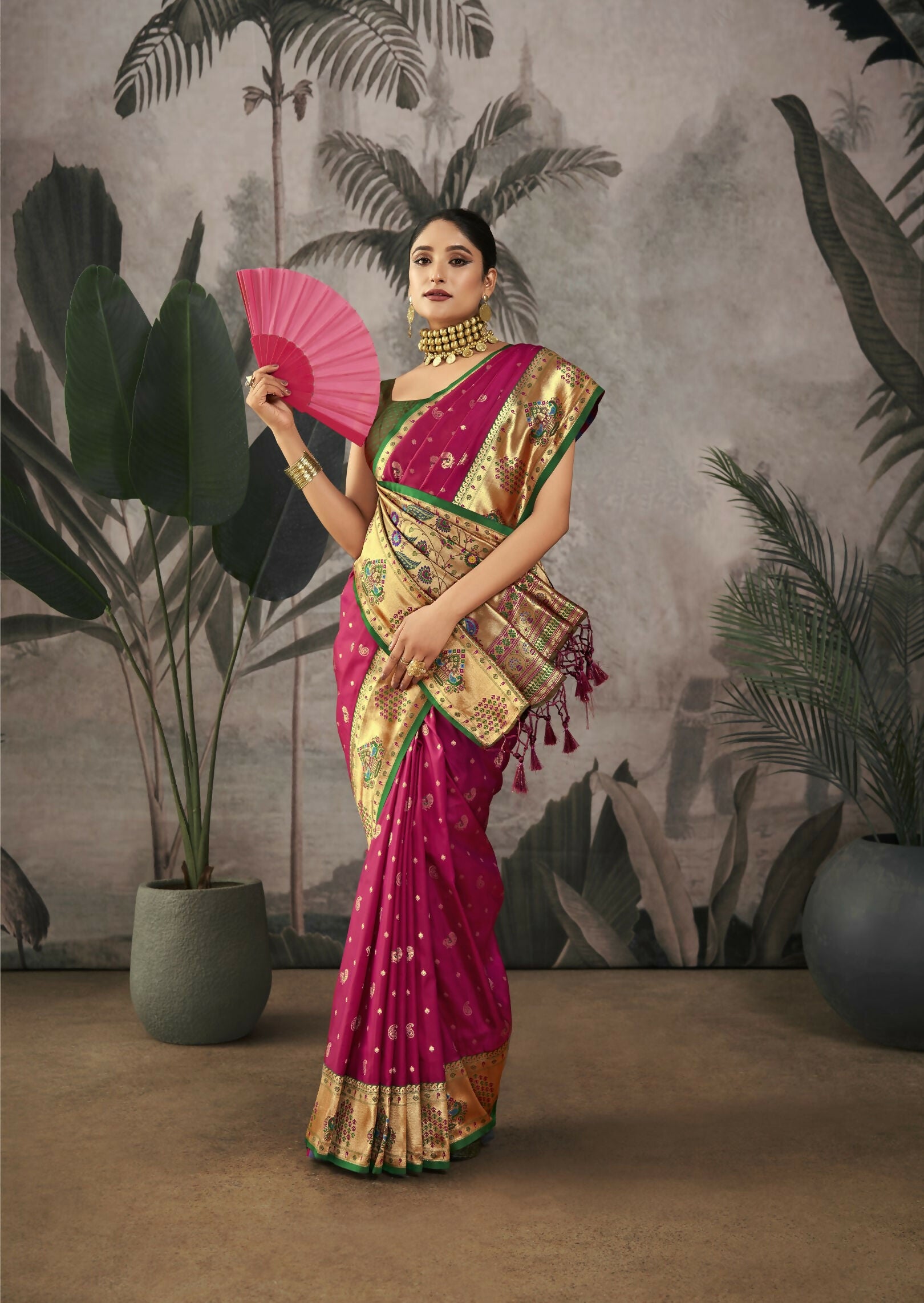 Vishnu Weaves Women's Wine Paithani Silk Saree with Blouse - Distacart