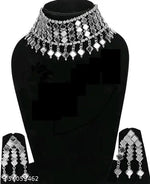 Thumbnail for Tehzeeb Creations Women's Silver Colour Oxidised Necklace Set With Mirror Design - Distacart