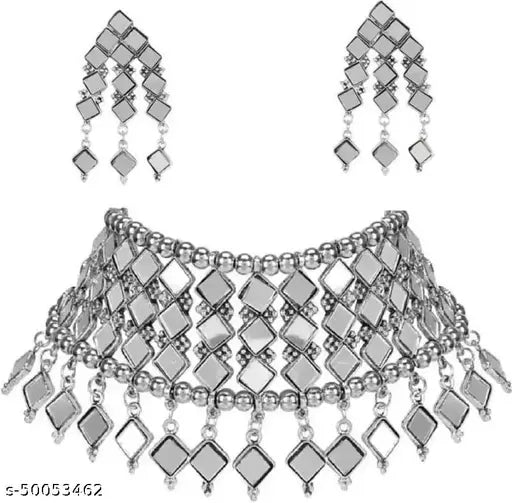 Tehzeeb Creations Women's Silver Colour Oxidised Necklace Set With Mirror Design - Distacart
