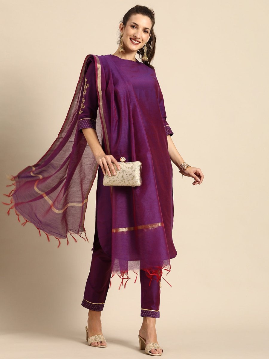 All About You Women Purple Zari Embroidered Regular Kurta with Trousers & Dupatta - Distacart