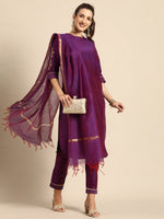Thumbnail for All About You Women Purple Zari Embroidered Regular Kurta with Trousers & Dupatta - Distacart