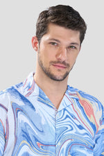 Thumbnail for Xkind Blue Fine Cord Drop Shoulder Printed Relaxed Fit Shirt
