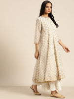 Thumbnail for Sangria Women Off-White & Golden Printed Kurta with Palazzos & Dupatta