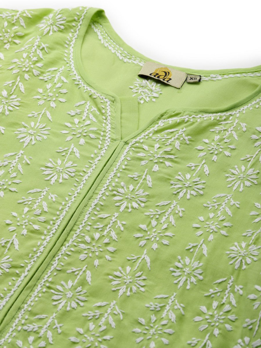 ADA Women Green & White Ethnic Motifs Chikankari Hand Embroidered Sustainable Kurta - Distacart