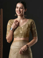 Thumbnail for Anouk Beige & Gold-Toned Geometric Printed Zari Saree - Distacart