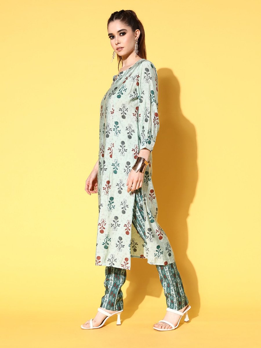 All About You Women Calm Green Ethnic Motifs Print Parade Kurta with Trousers - Distacart