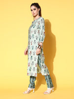 Thumbnail for All About You Women Calm Green Ethnic Motifs Print Parade Kurta with Trousers - Distacart