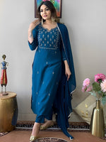 Thumbnail for Kalini Ethnic Motifs Embroidered Thread Work Detail Straight Kurta & Trousers With Dupatta - Distacart