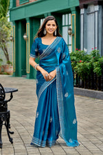 Thumbnail for Vastranavya Sea Blue Embroidery Work Shimmer Chiffon Saree with Unstitched Blouse