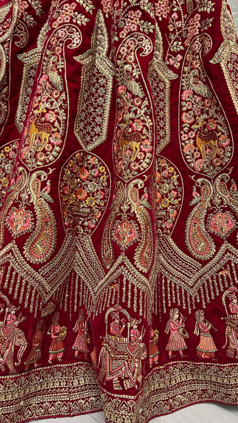Jyoti Fashion Women's Rani Pink Velvet Multi Thread Embroidered with Zircon Diamond Work Wedding Lehenga Choli - Distacart