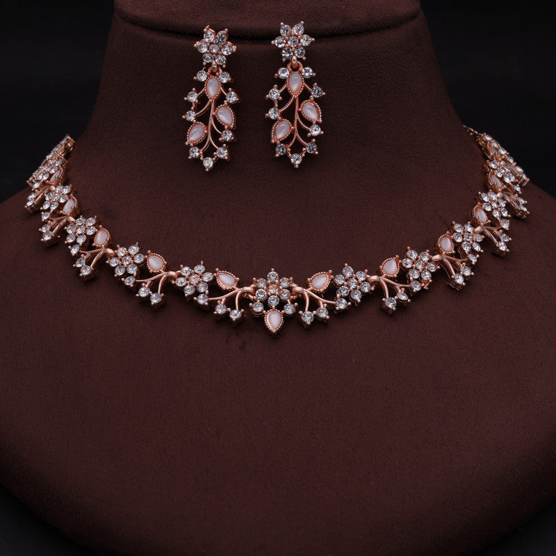 Tehzeeb Creations Rose Gold Pleated White Diamond With White Beads Necklace Set - Distacart