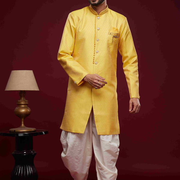 Raivat Ethnic Banarasi Jacquard Embroidery Semi Indo Western Sherwani In Yellow Colour