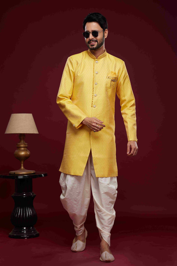 Raivat Ethnic Banarasi Jacquard Embroidery Semi Indo Western Sherwani In Yellow Colour