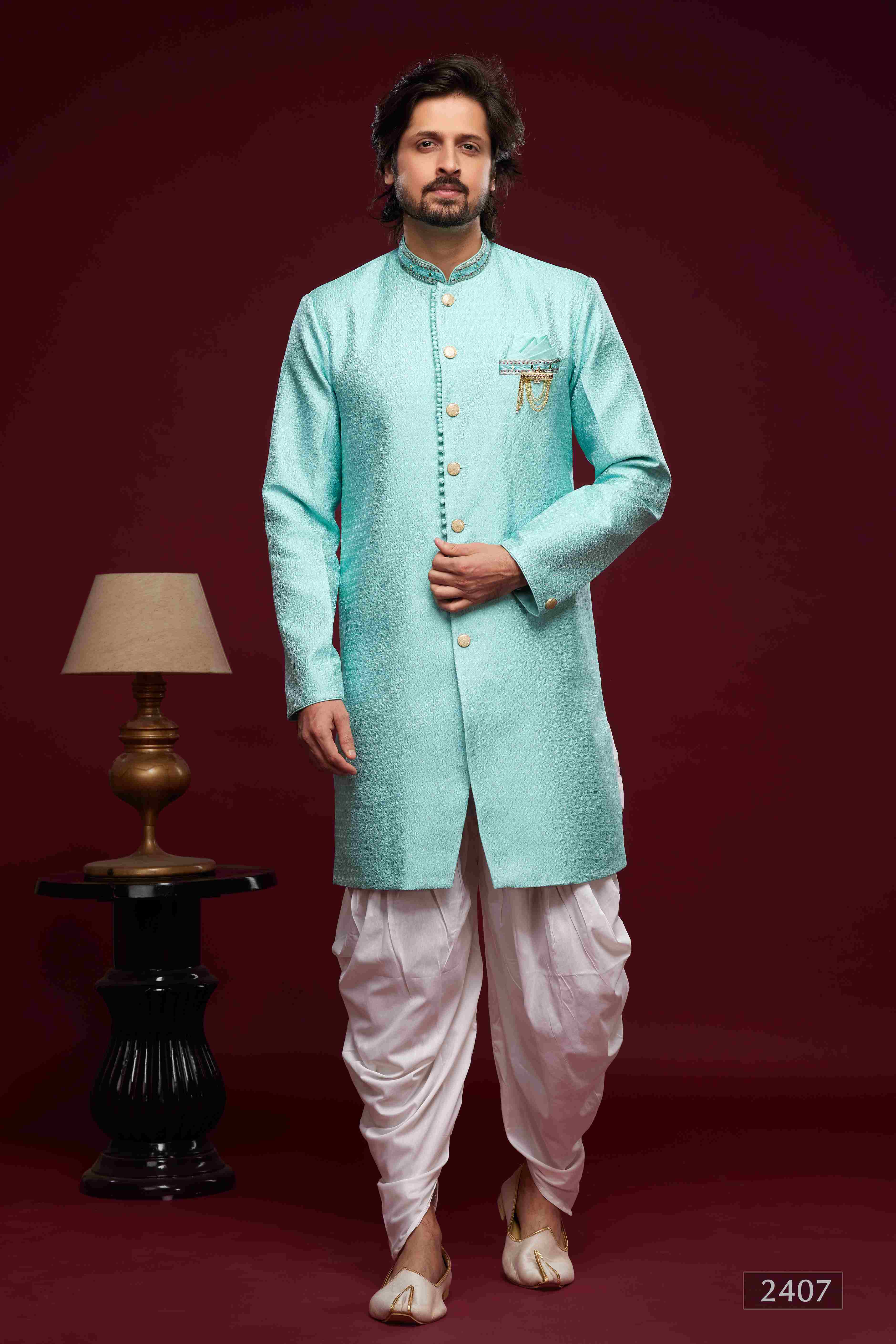 Raivat Ethnic Banarasi Jacquard Embroidery Semi Indo Western Sherwani In Sky Blue Colour