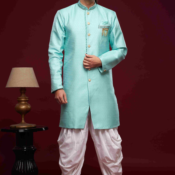 Raivat Ethnic Banarasi Jacquard Embroidery Semi Indo Western Sherwani In Sky Blue Colour