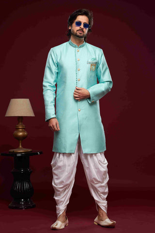 Raivat Ethnic Banarasi Jacquard Embroidery Semi Indo Western Sherwani In Sky Blue Colour