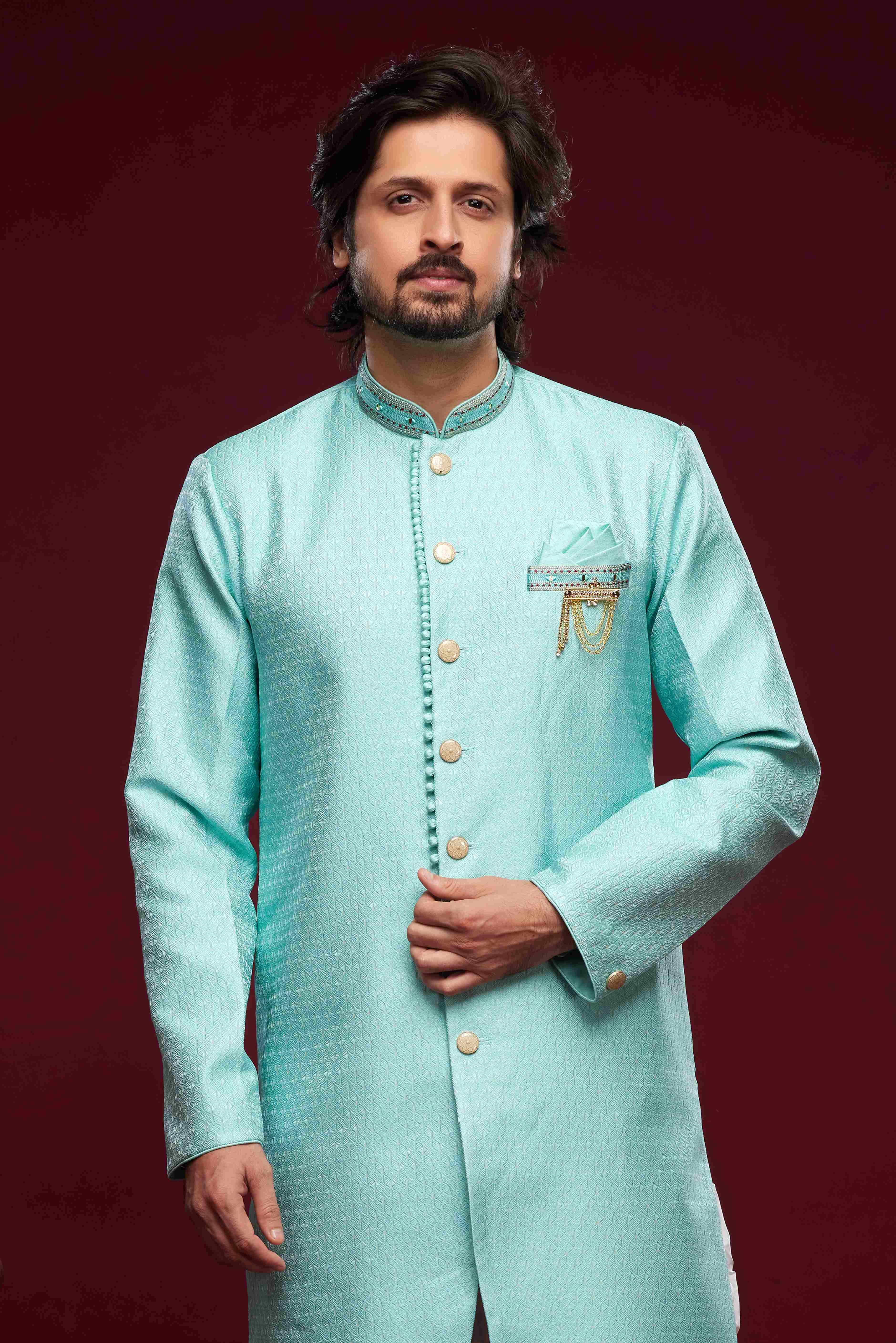 Raivat Ethnic Banarasi Jacquard Embroidery Semi Indo Western Sherwani In Sky Blue Colour