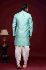 Thumbnail for Raivat Ethnic Banarasi Jacquard Embroidery Semi Indo Western Sherwani In Sky Blue Colour