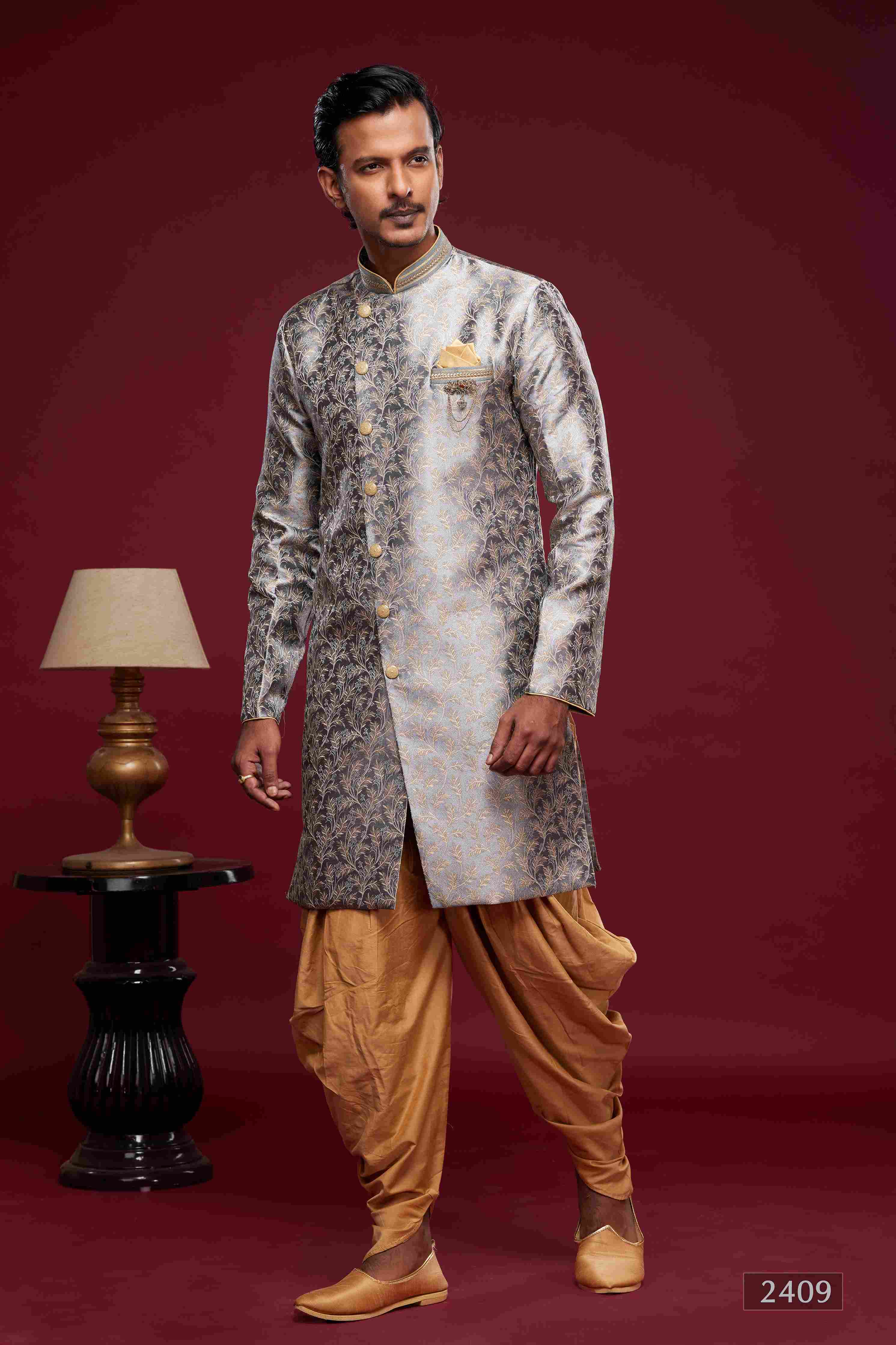 Raivat Ethnic Banarasi Jacquard Embroidery Semi Indo Western Sherwani In Grey Colour