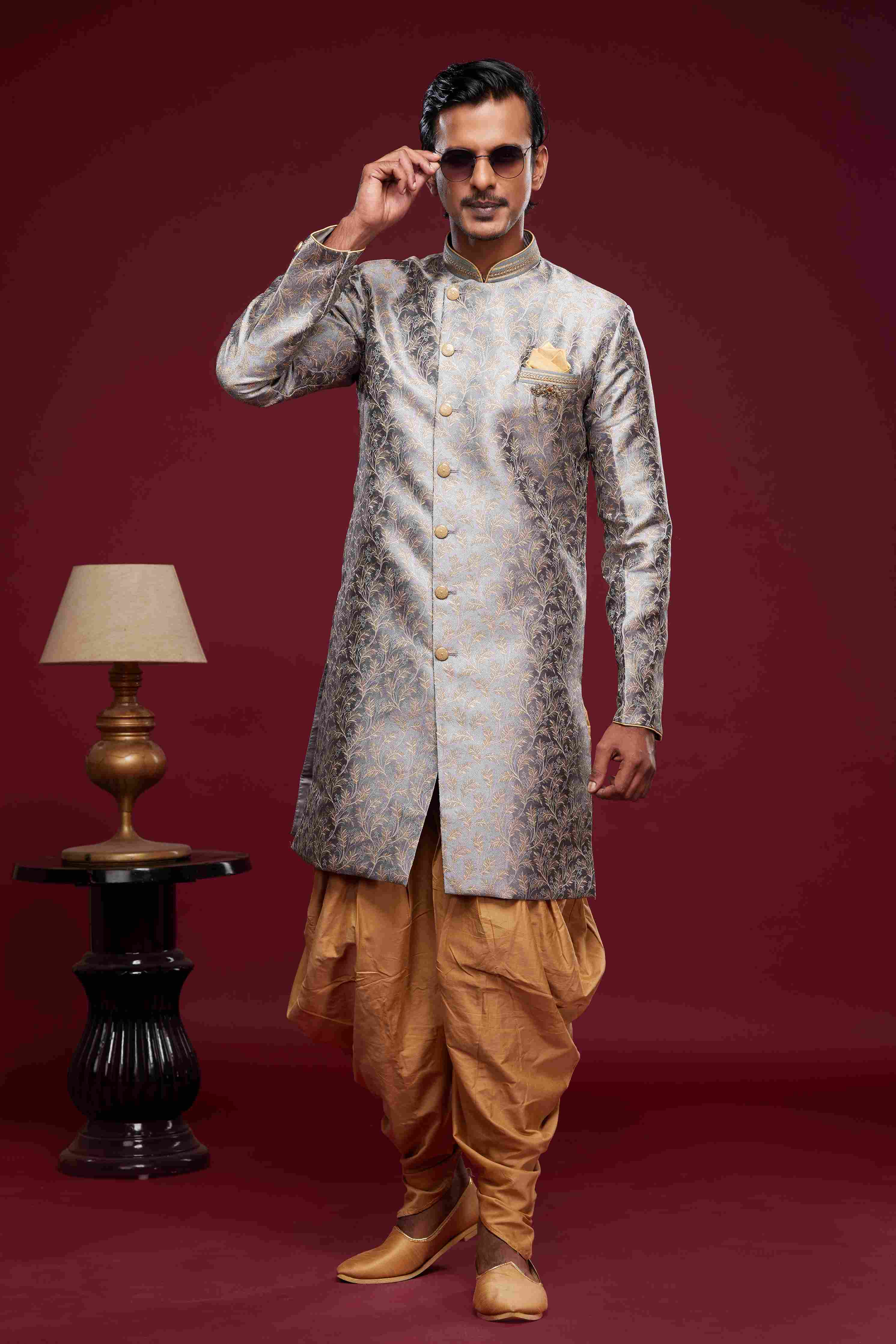 Raivat Ethnic Banarasi Jacquard Embroidery Semi Indo Western Sherwani In Grey Colour