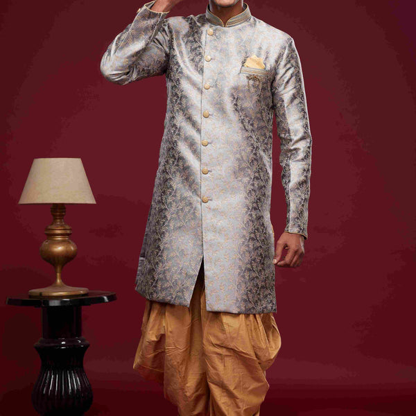 Raivat Ethnic Banarasi Jacquard Embroidery Semi Indo Western Sherwani In Grey Colour