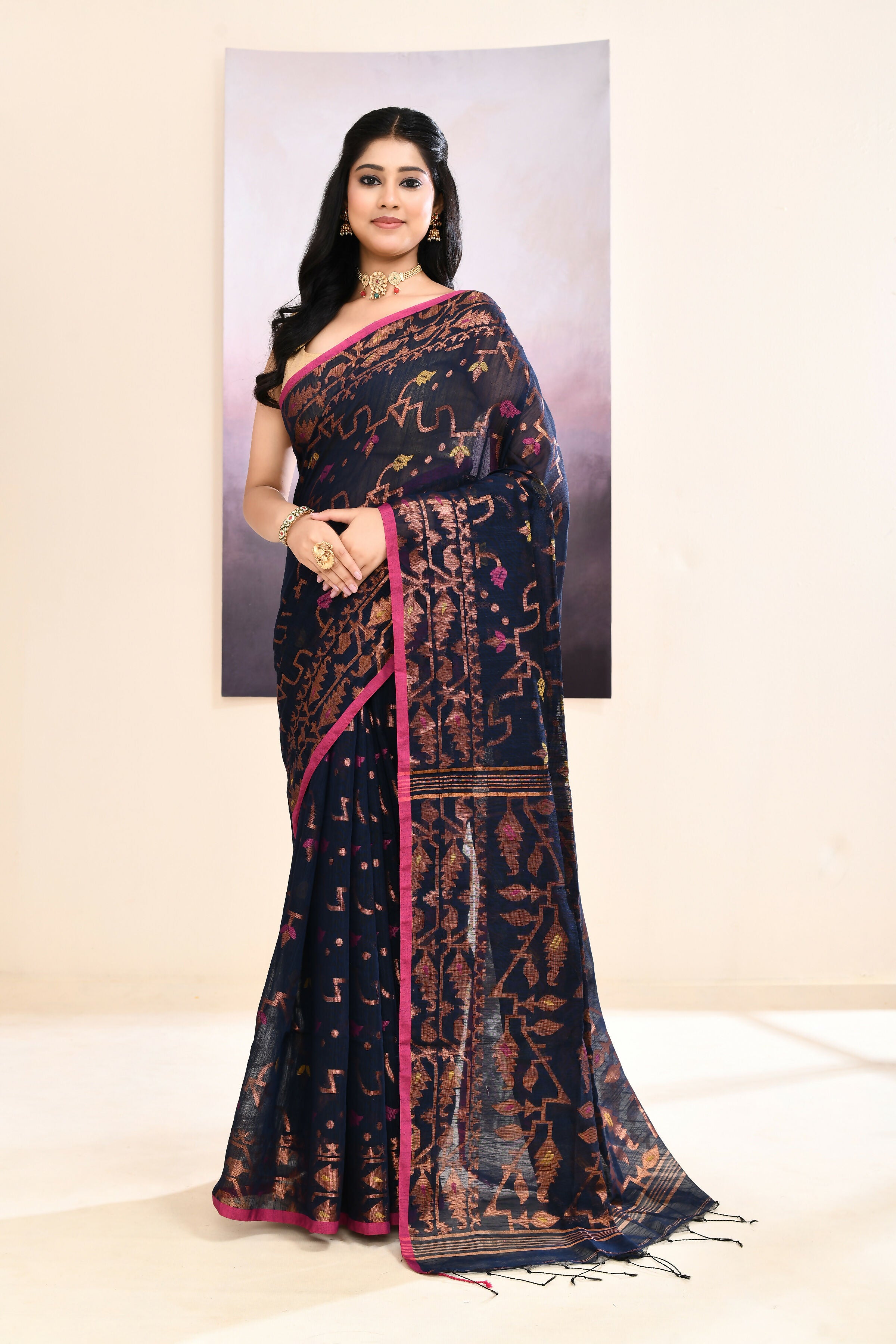 Piyari Fashion Women's Navy Blue Embellished Cotton Blend Jamdani Saree - Dista