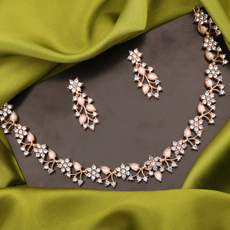 Tehzeeb Creations Rose Gold Pleated White Diamond With White Beads Necklace Set - Distacart