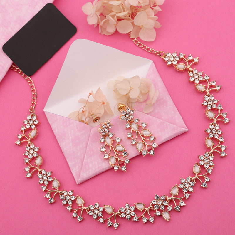 Tehzeeb Creations Rose Gold Pleated White Diamond With White Beads Necklace Set - Distacart