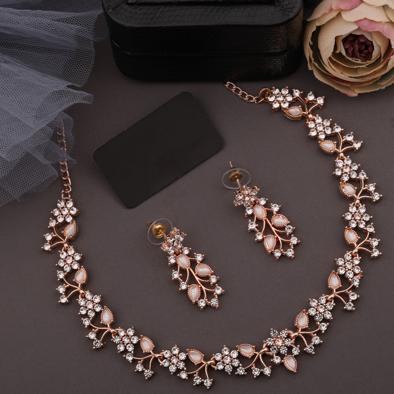 Tehzeeb Creations Rose Gold Pleated White Diamond With White Beads Necklace Set - Distacart