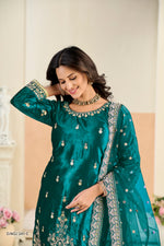 Thumbnail for Anaita Teal Blue Ice Velvet Suit With Embroidery Work - Distacart