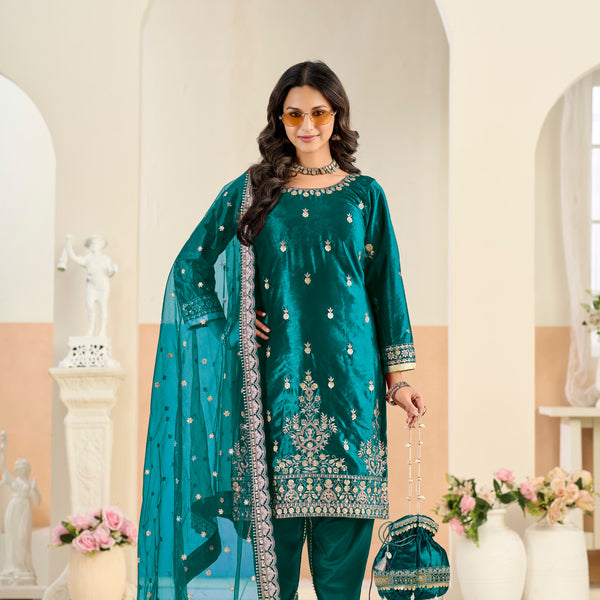 Anaita Teal Blue Ice Velvet Suit With Embroidery Work - Distacart
