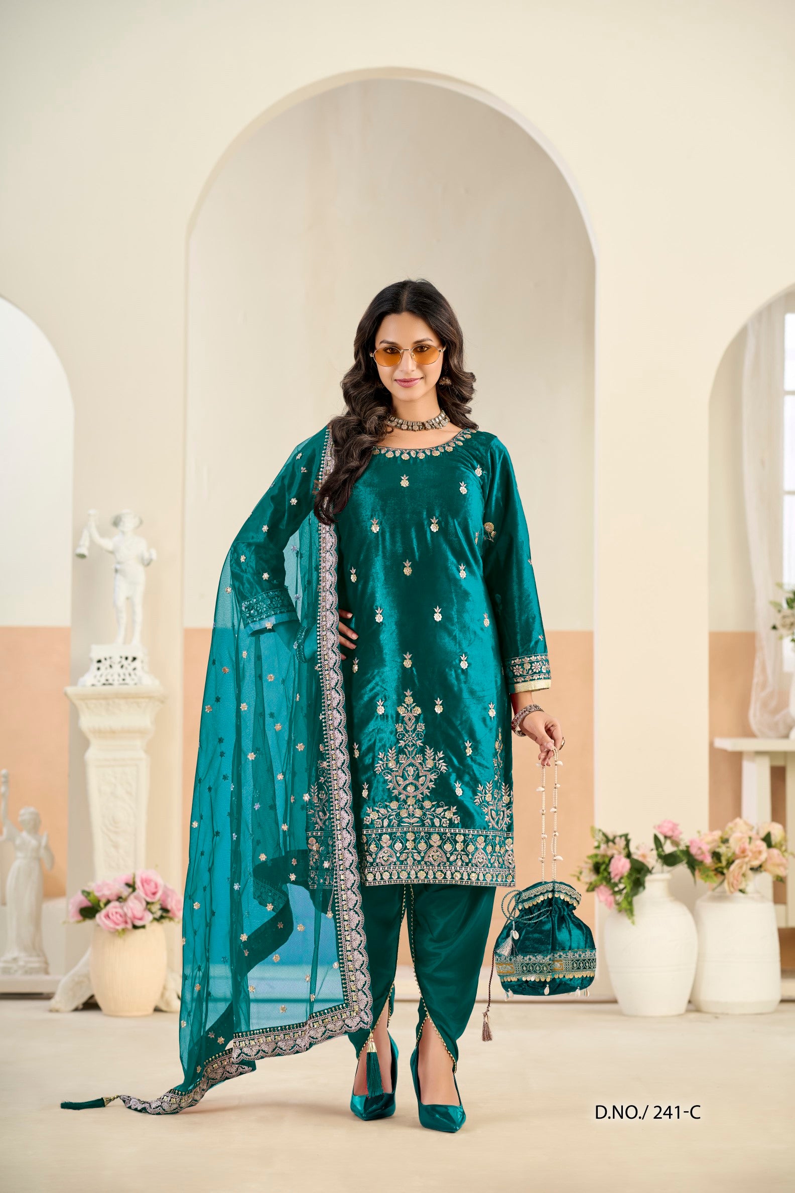 Anaita Teal Blue Ice Velvet Suit With Embroidery Work - Distacart