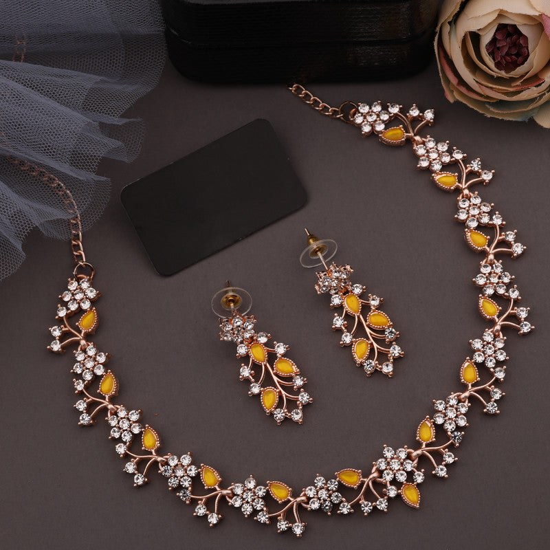 Tehzeeb Creations Rose Gold Pleated White Diamond With Yellow Beads Necklace Set - Distacart