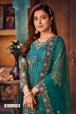 Thumbnail for Anaita Teal Embroidered Net Salwar Suit - Distacart