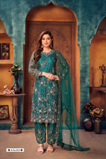 Thumbnail for Anaita Teal Embroidered Net Salwar Suit - Distacart