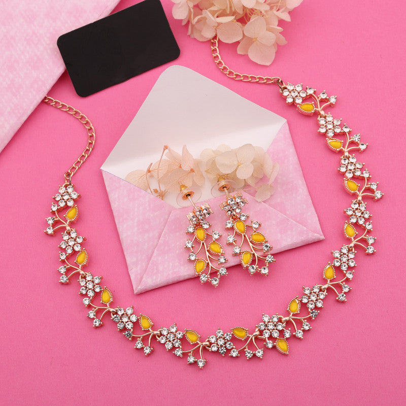 Tehzeeb Creations Rose Gold Pleated White Diamond With Yellow Beads Necklace Set - Distacart