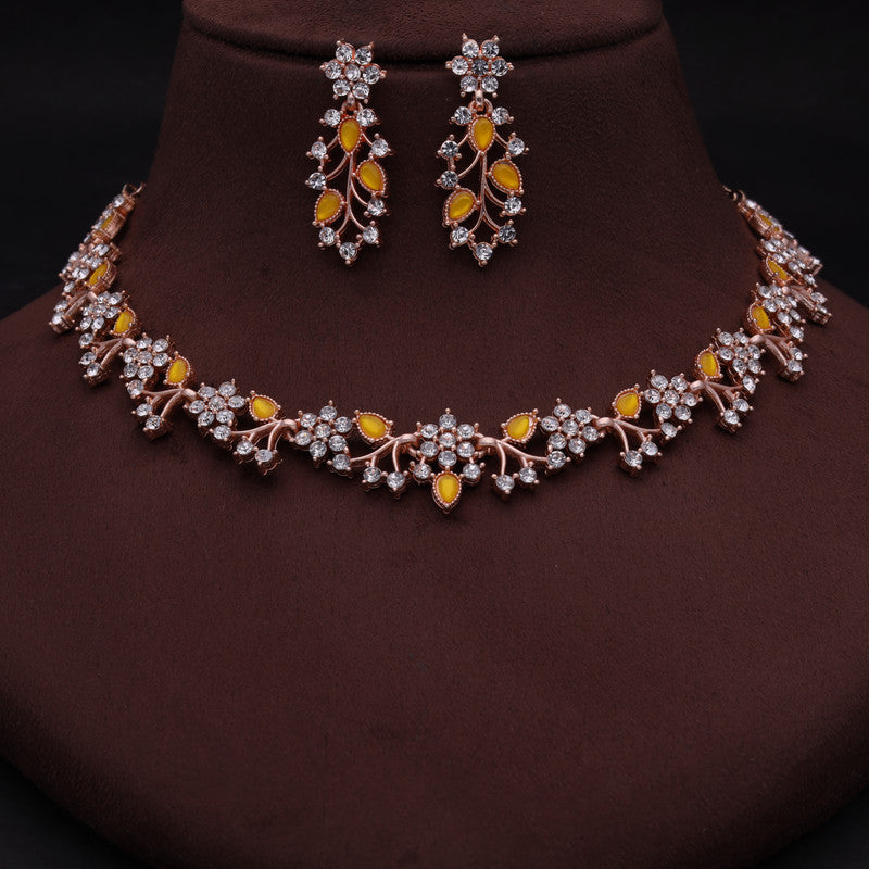 Tehzeeb Creations Rose Gold Pleated White Diamond With Yellow Beads Necklace Set - Distacart