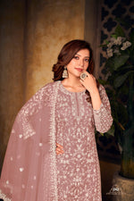 Thumbnail for Anaita Light Brown Embroidered Net Plazzo Suit - Distacart