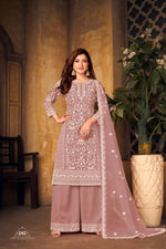 Thumbnail for Anaita Light Brown Embroidered Net Plazzo Suit - Distacart