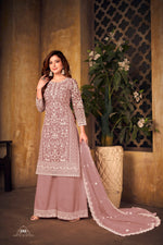 Thumbnail for Anaita Light Brown Embroidered Net Plazzo Suit - Distacart