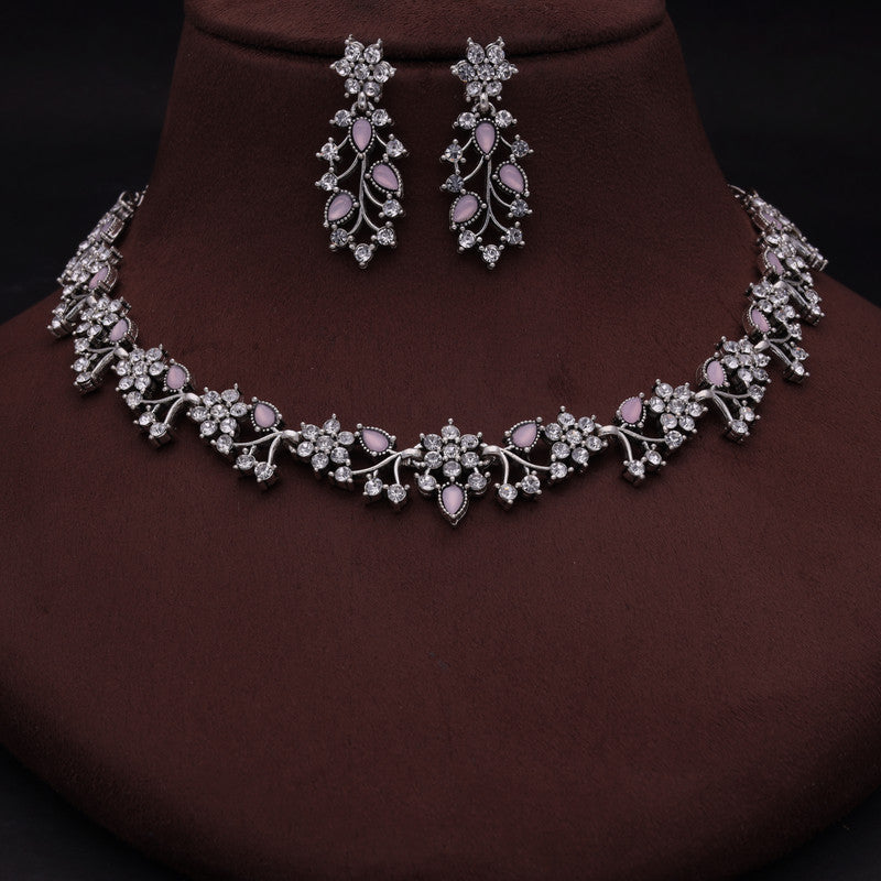Tehzeeb Creations Silver Pleated White Diamond With Baby Pink Beads Necklace Set - Distacart