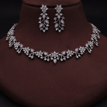 Tehzeeb Creations Silver Pleated White Diamond With Baby Pink Beads Necklace Set - Distacart